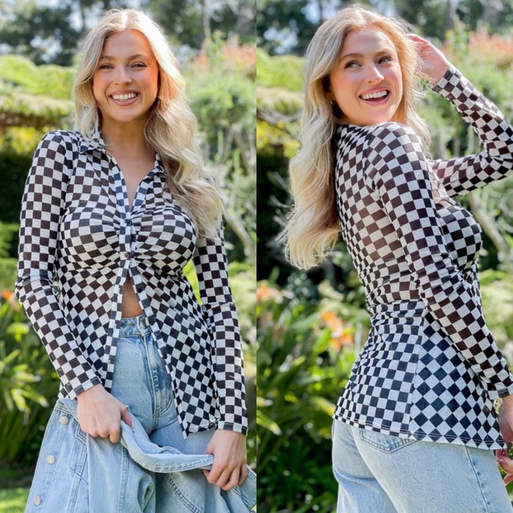 Checkered mesh long sleeve button down top